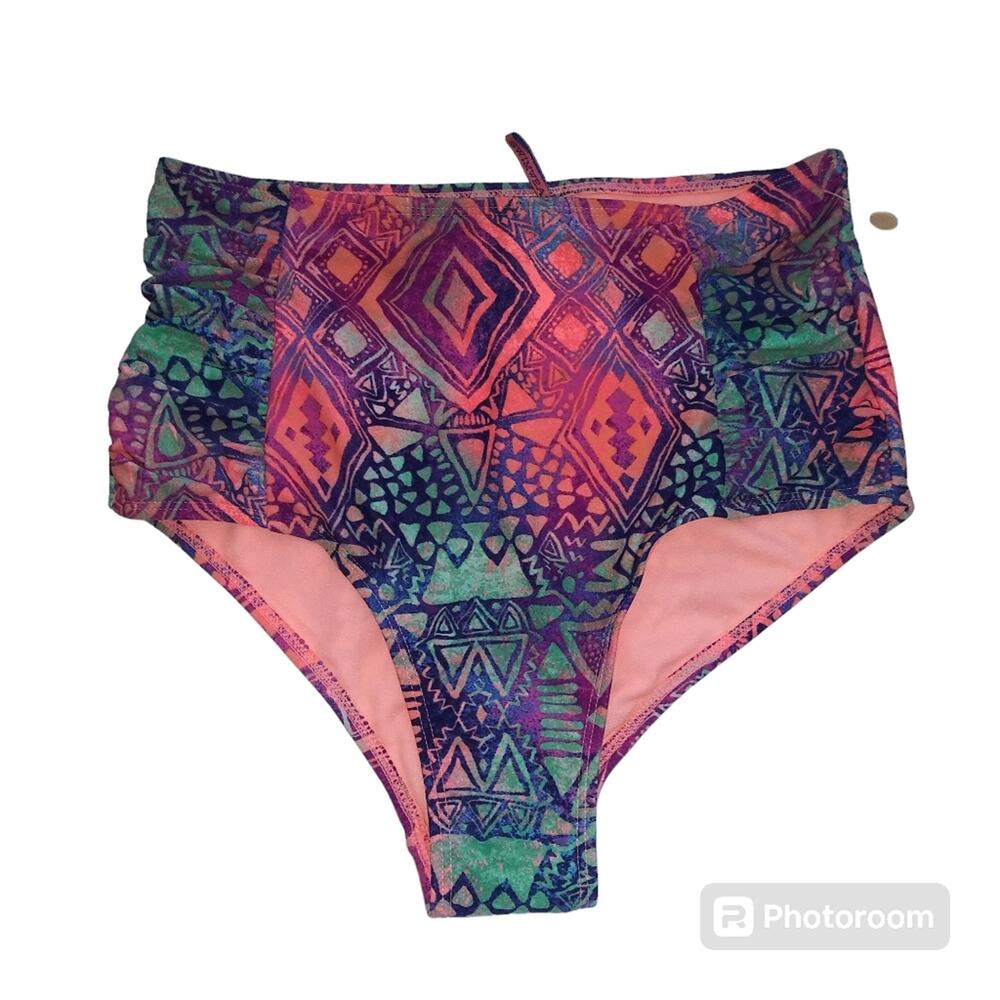 Apollo Swim Pink Blue Geometric Print High Rise Bikini Bottoms Size M